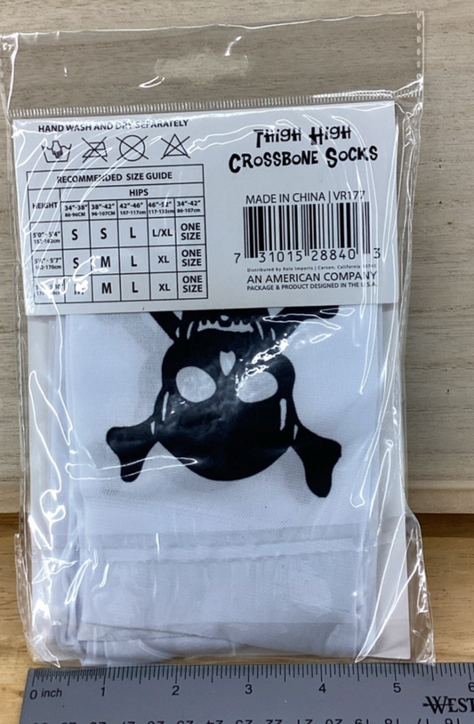 Cross Bone Thigh High Socks - White with Black Skull & Bones - Adult Size