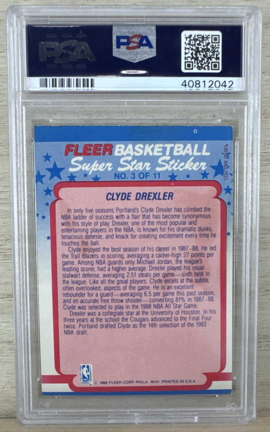 1988 Fleer Sticker - Clyde Drexler #3 - PSA 41
