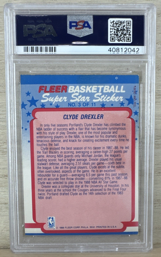 1988 Fleer Sticker - Clyde Drexler #3 - PSA 4