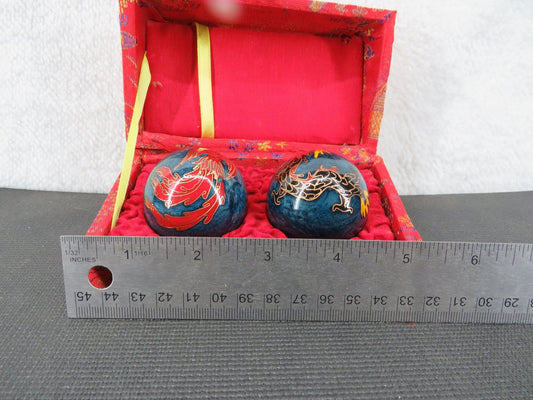 Chinese Cloisonne Baoding Balls Set With Red Brocade Box Dragon - Box Damaged
