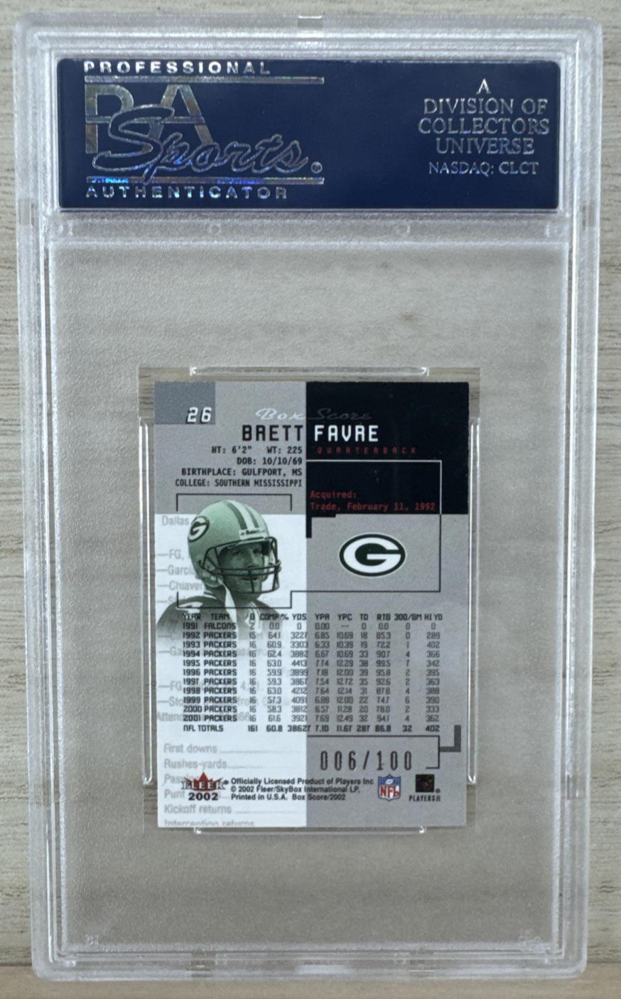 2002 Fleer Box Score - Brett Favre #26 - MINI - PSA 5