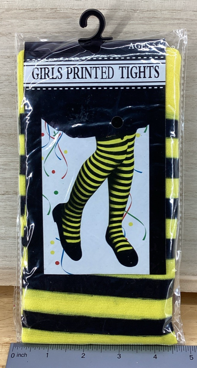 Yellow with Black Strips Print Halloween Tights0