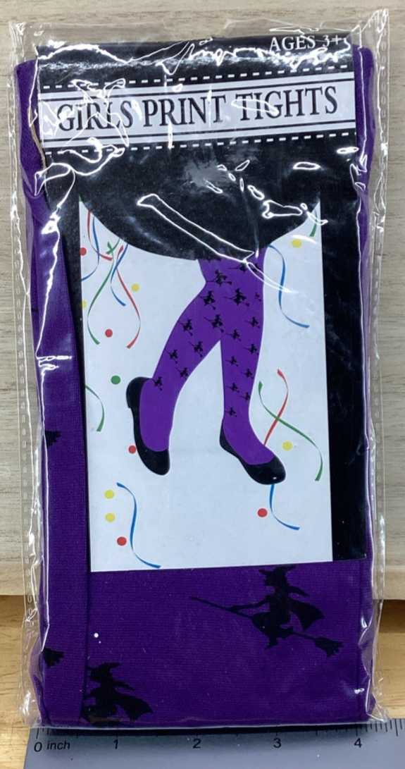 Purple With Black Witches On A Broom Print Tights0
