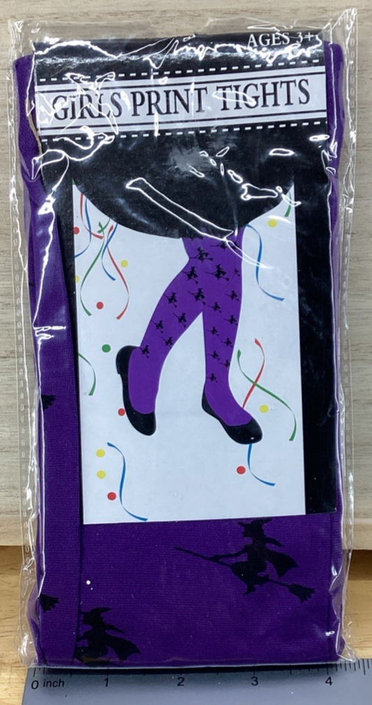 Purple With Black Witches On A Broom Print Tights0