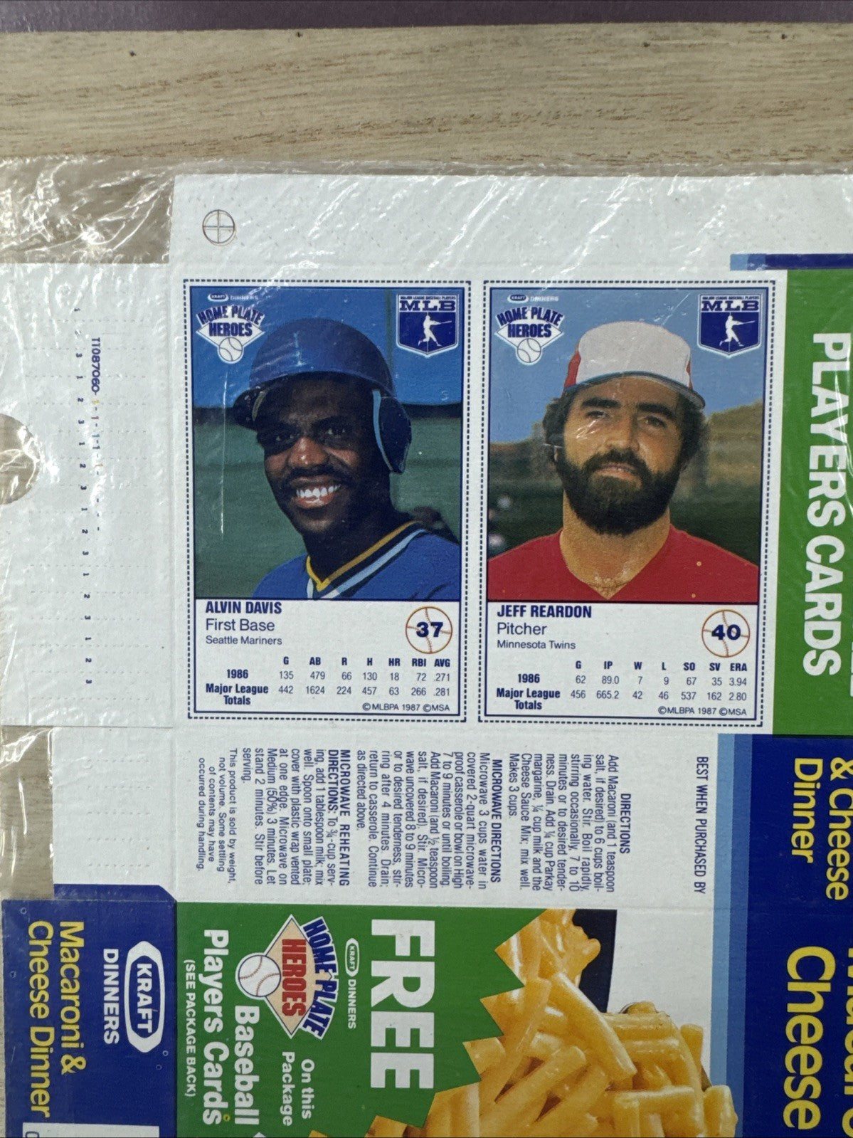 1987 Kraft Home Plate Heroes Never Folded Panel - Alvin Davis Jeff Reardon1