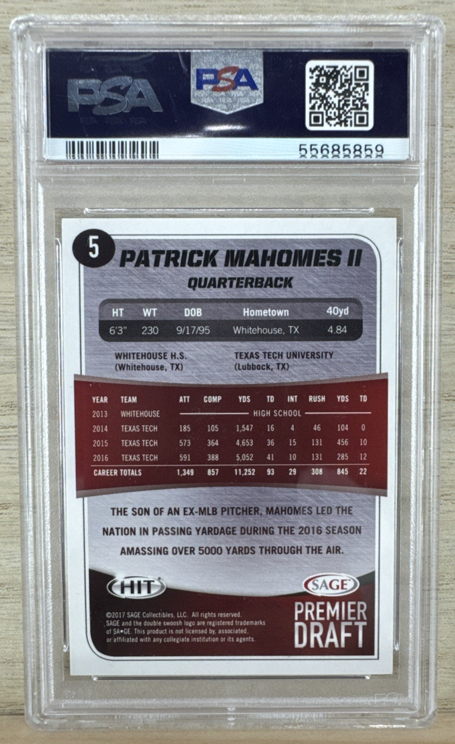 2017 Sage Hit - Patrick Mahomes #5 - Premier Draft Silver - PSA 91