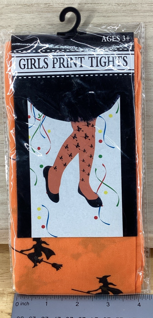 Orange With Black Witches On A Broom Print Tights