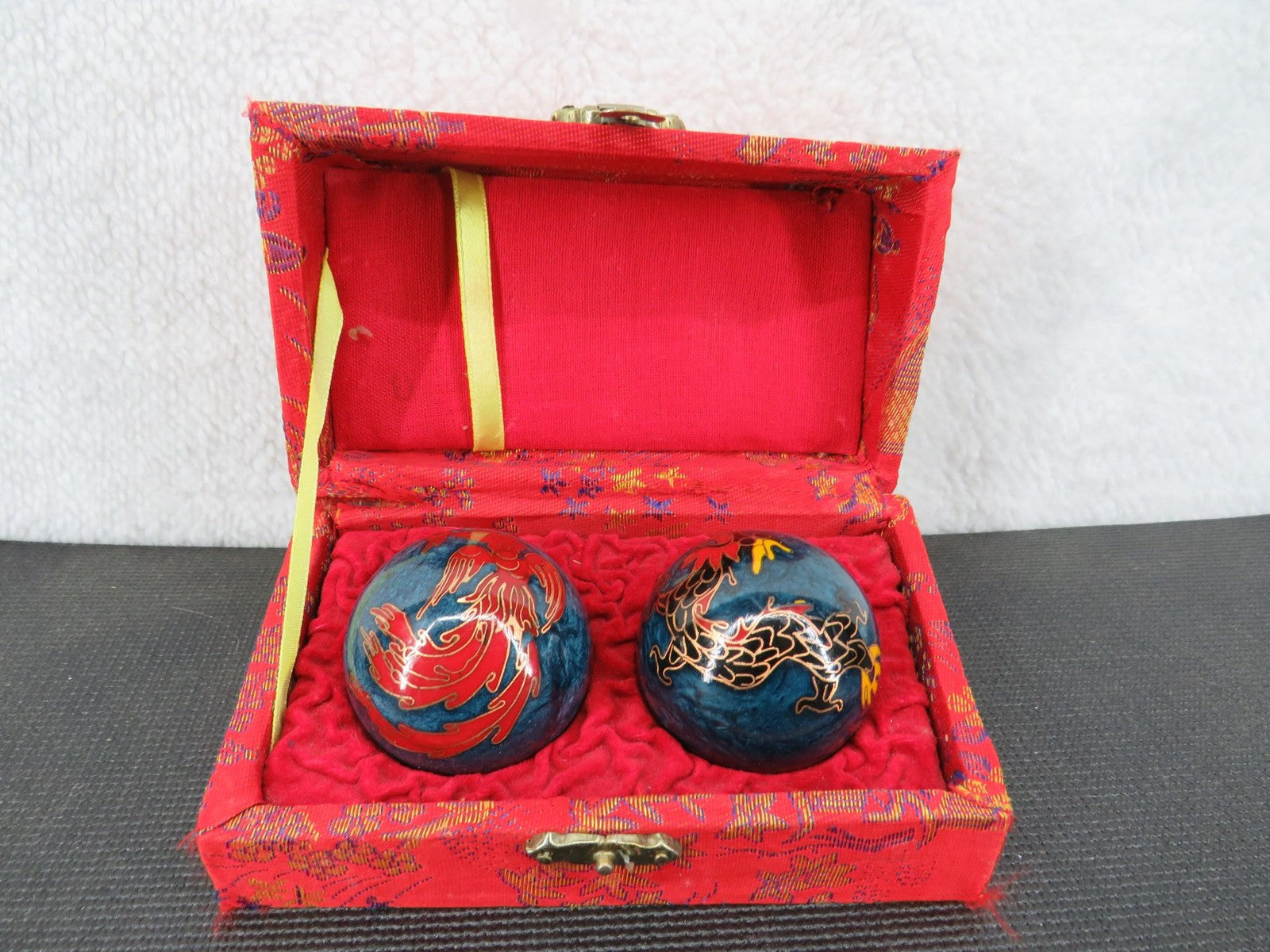 Chinese Cloisonne Baoding Balls Set With Red Brocade Box Dragon - Box Damaged