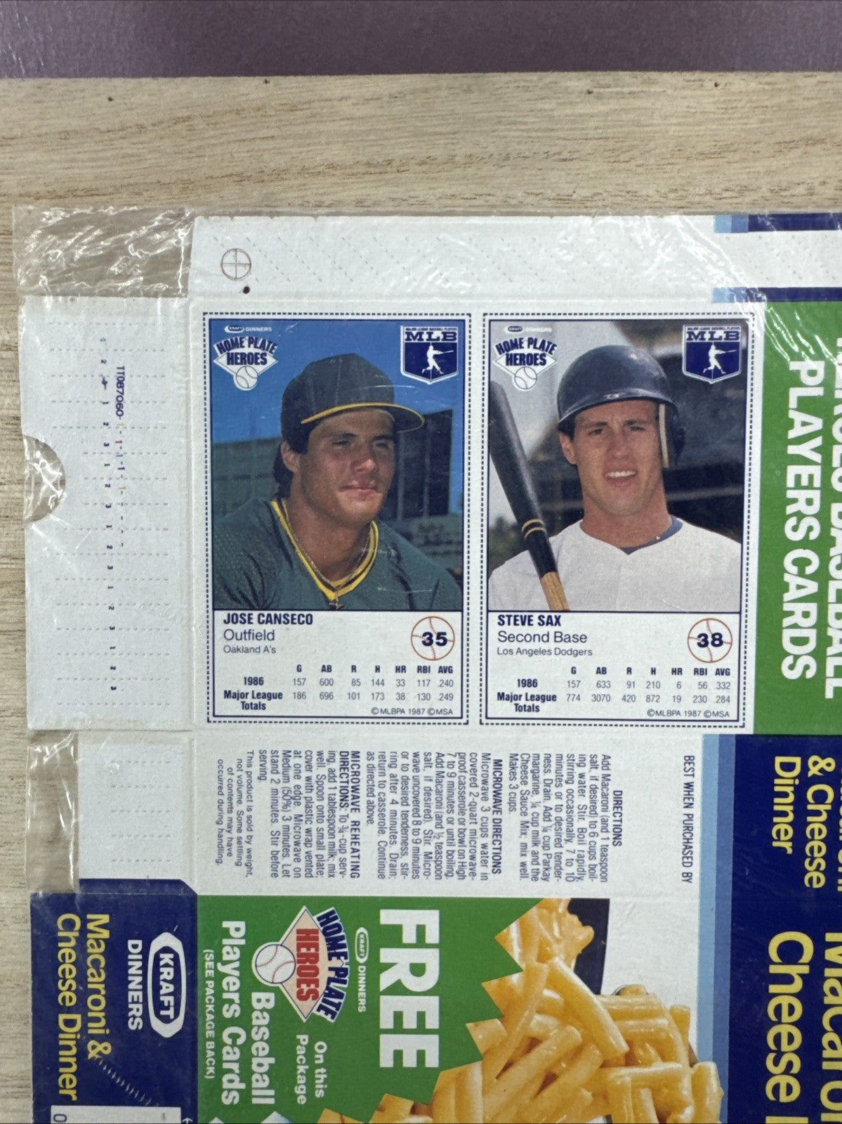 1987 Kraft Home Plate Heroes Never Folded Panel - Jose Canseco Steve Sax
