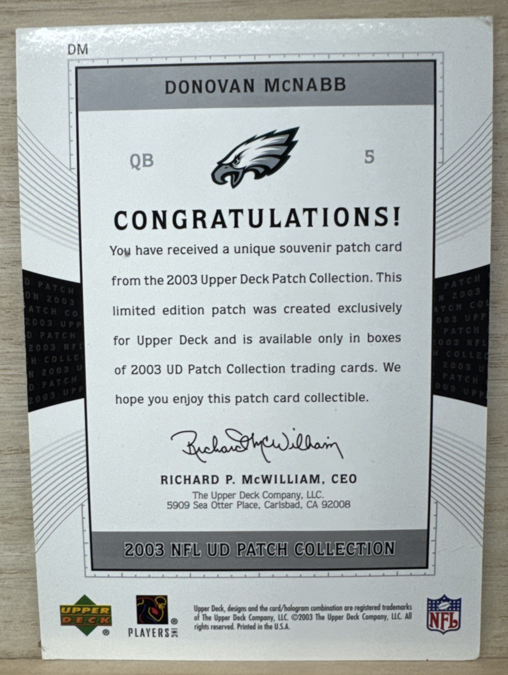 2003 Upper Deck Patch Collection - Jumbo Souvenir Patch Donovan McNabb #DM