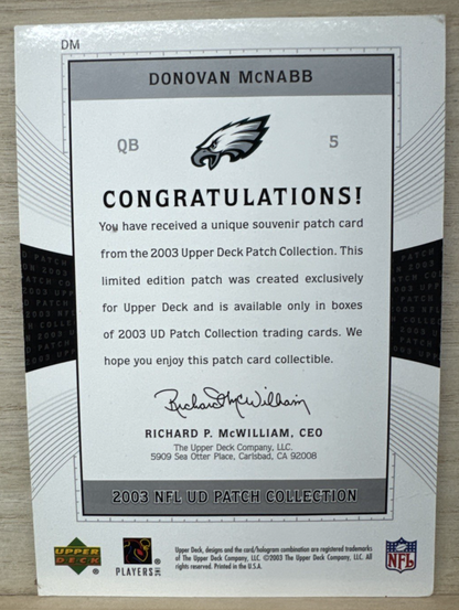 2003 Upper Deck Patch Collection - Jumbo Souvenir Patch Donovan McNabb #DM