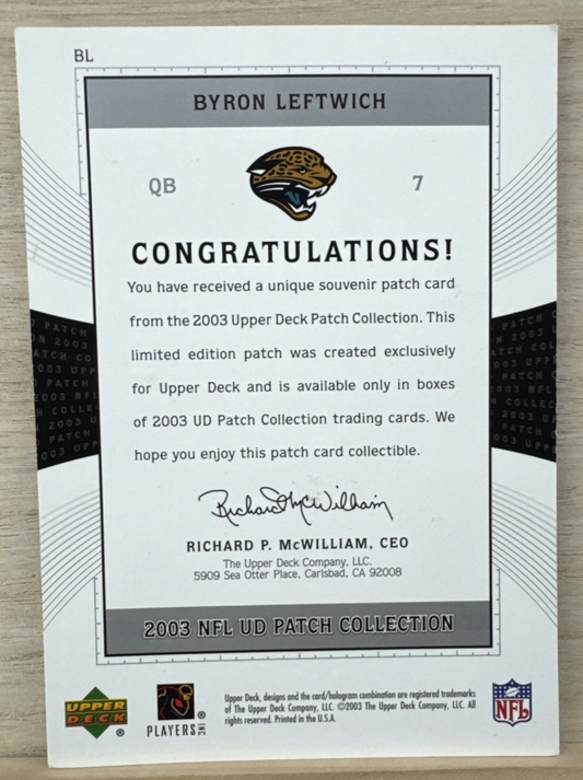 2003 Upper Deck Patch Collection - Jumbo Souvenir Patch Byron Leftwich #BL
