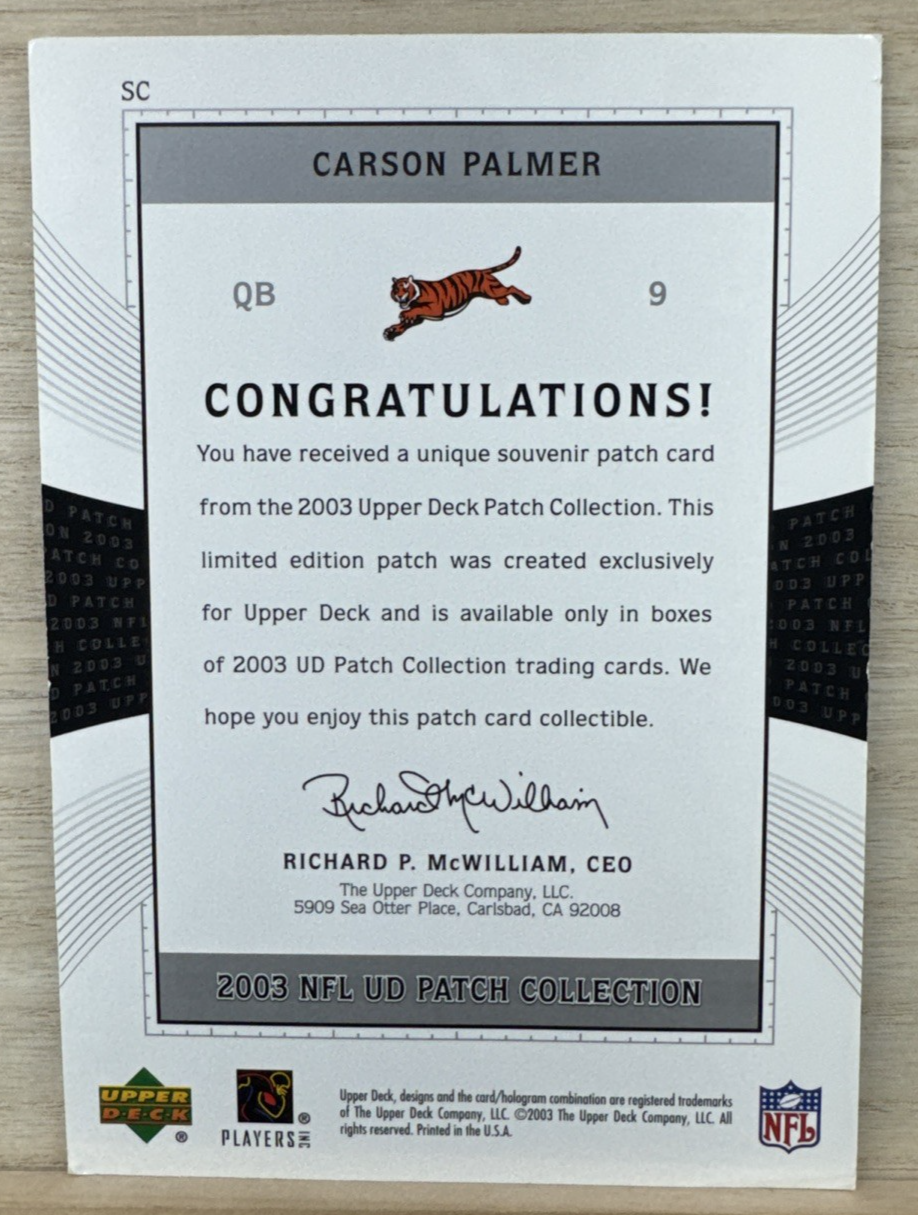 2003 Upper Deck Patch Collection - Jumbo Souvenir Patch Carson Palmer