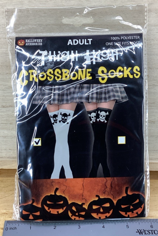 Cross Bone Thigh High Socks - White with Black Skull & Bones - Adult Size