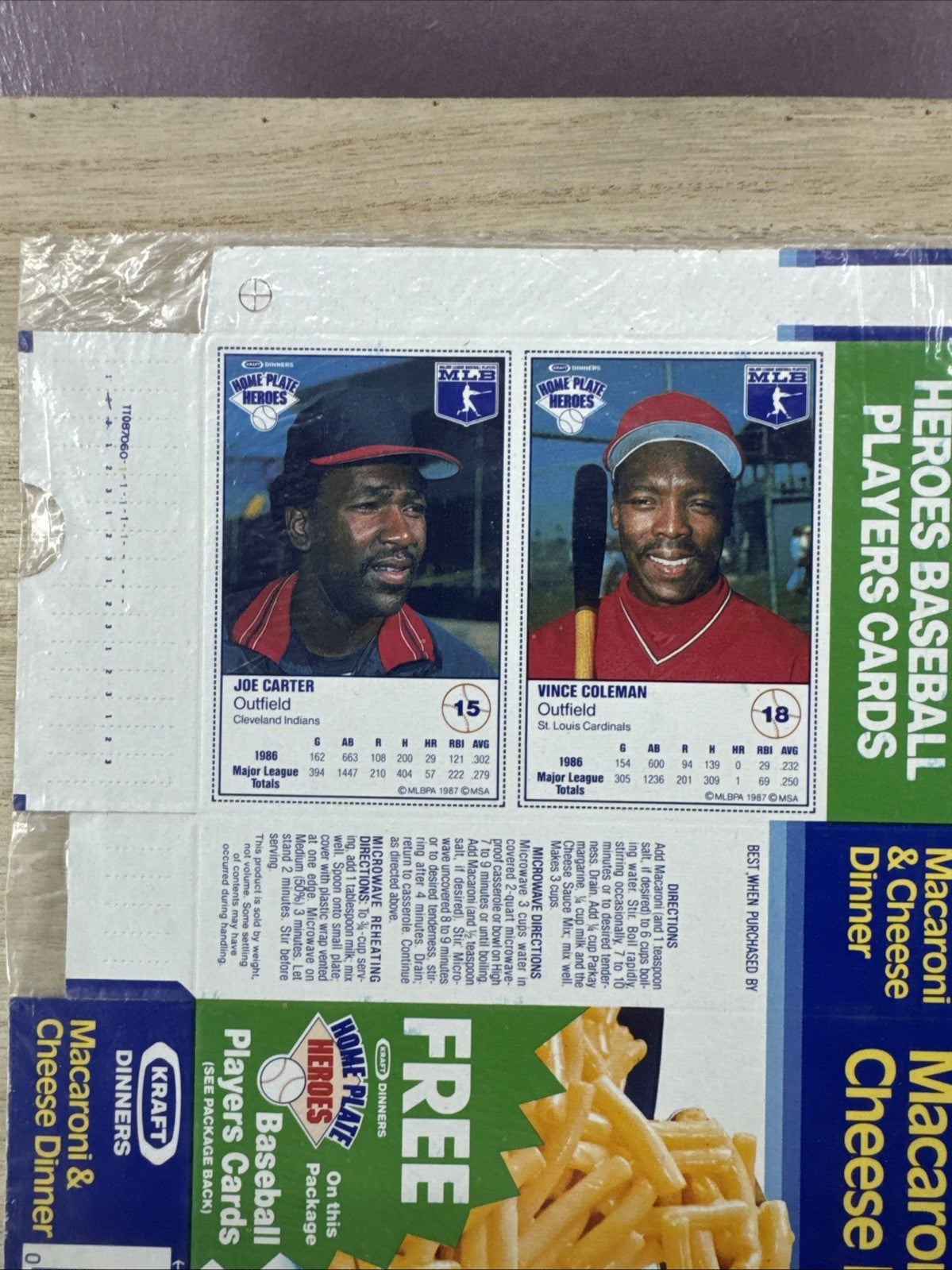 1987 Kraft Home Plate Heroes Never Folded Panel - Joe Carter Vince Coleman