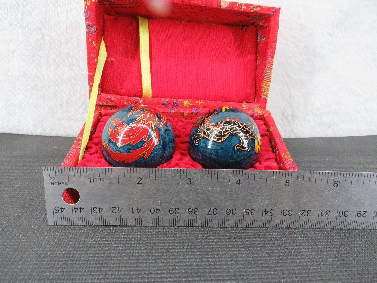 Chinese Cloisonne Baoding Balls Set With Red Brocade Box Dragon - Box Damaged