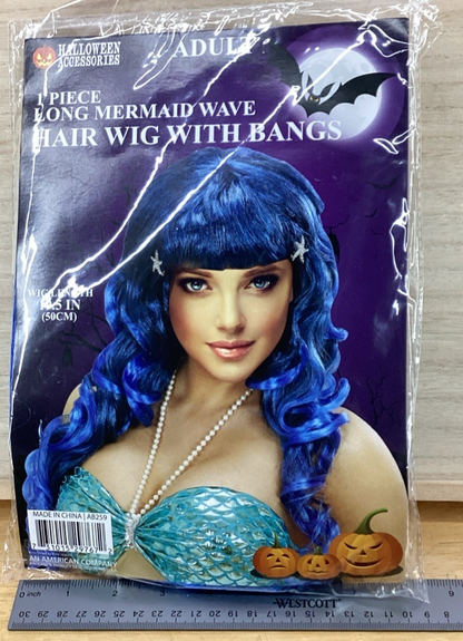 Halloween Long Mermaid Wave Hair Wig With Bangs - Blue