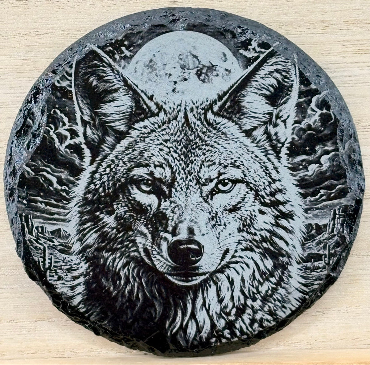 Slate Coaster - Wolf and Moon