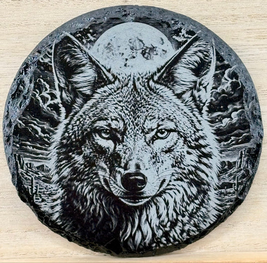 Slate Coaster - Wolf and Moon